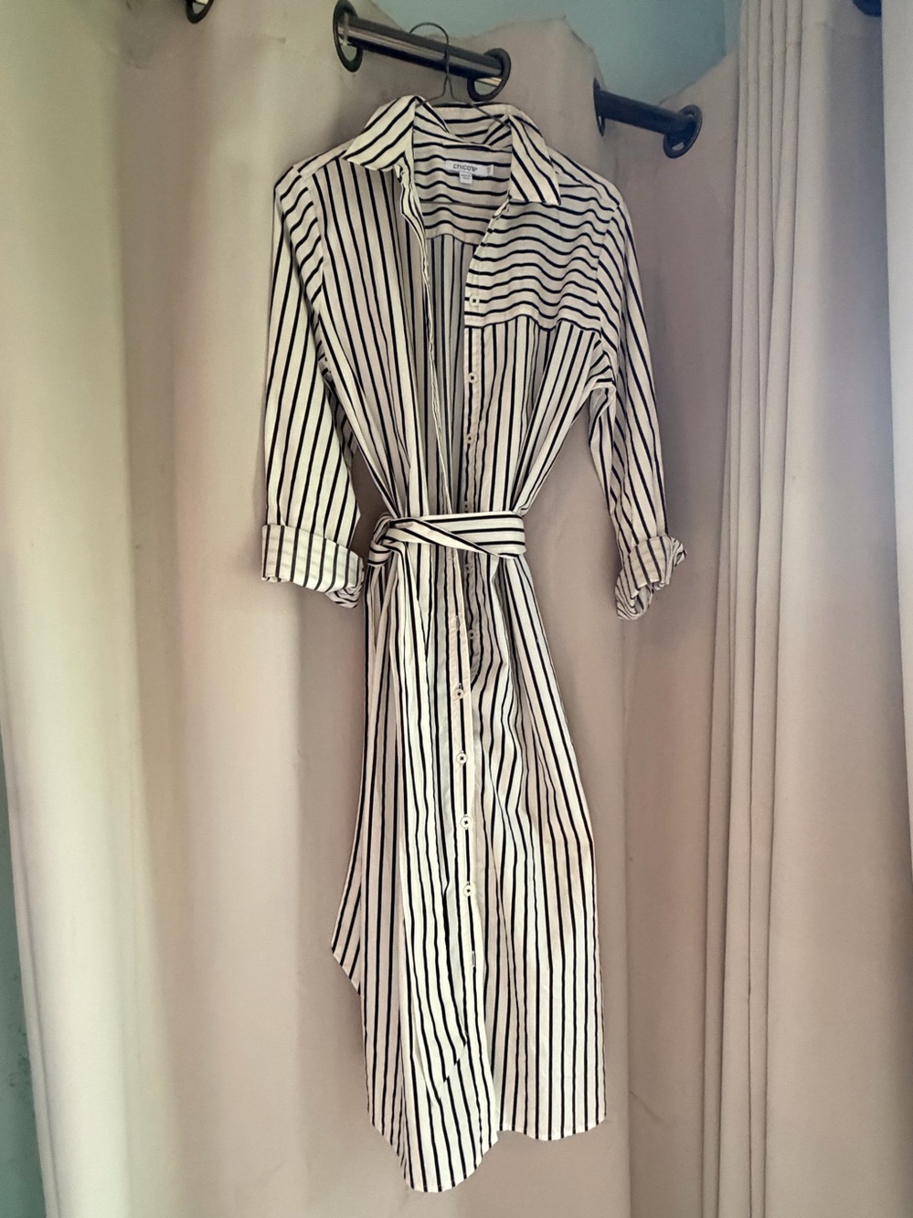 Chico’s Striped Button-Front Shirt Dress w/ Waist Tie - White/Black- Chicos 0.5